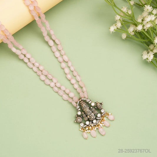 MAYURI OXIDISED BALAJI DESIGN PENDANT WITH PINK BEADS MALA OR CHAIN