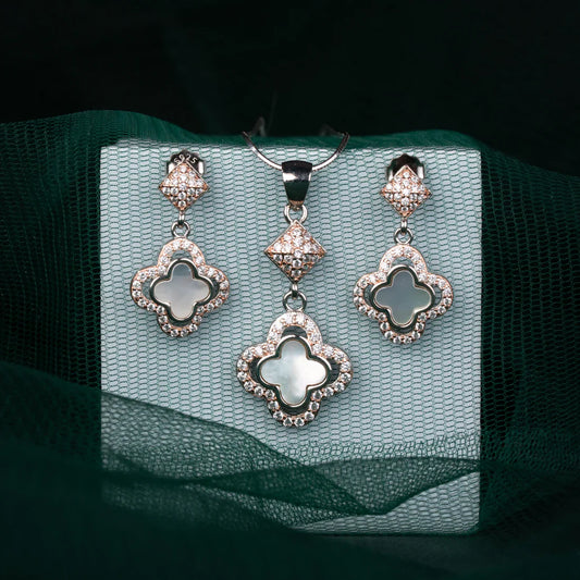 ROSE GOLD PLATED PINK BUTTERFLY & DIAMONDESQUE PENDANT SET WITH STUDS