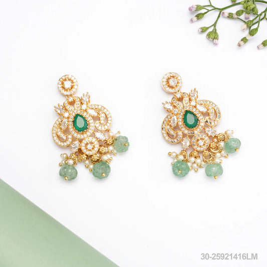 ASHMITHA CZ PEACOCK DESIGN EAR HANGINGS WITH EMERALDS