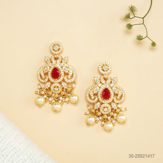 BHARANI CZ PEACOCK DESIGN EAR HANGINGS WITH RUBIES AND PEARLS