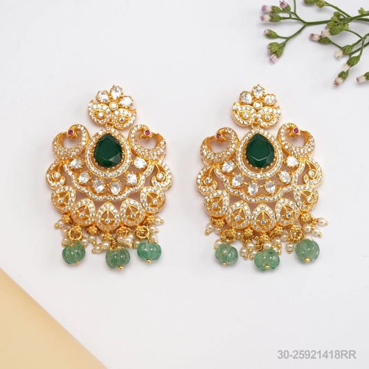 PRATEEKSHA CZ PEACOCK DESIGN EAR HANGINGS WITH EMERALDS AND PEARLS