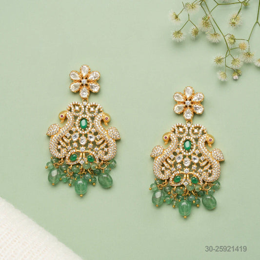 VYSHALI MOISSANITE PEACOCK DESIGN EAR HANGINGS WITH EMERALDS AND RUSSIAN BEADS
