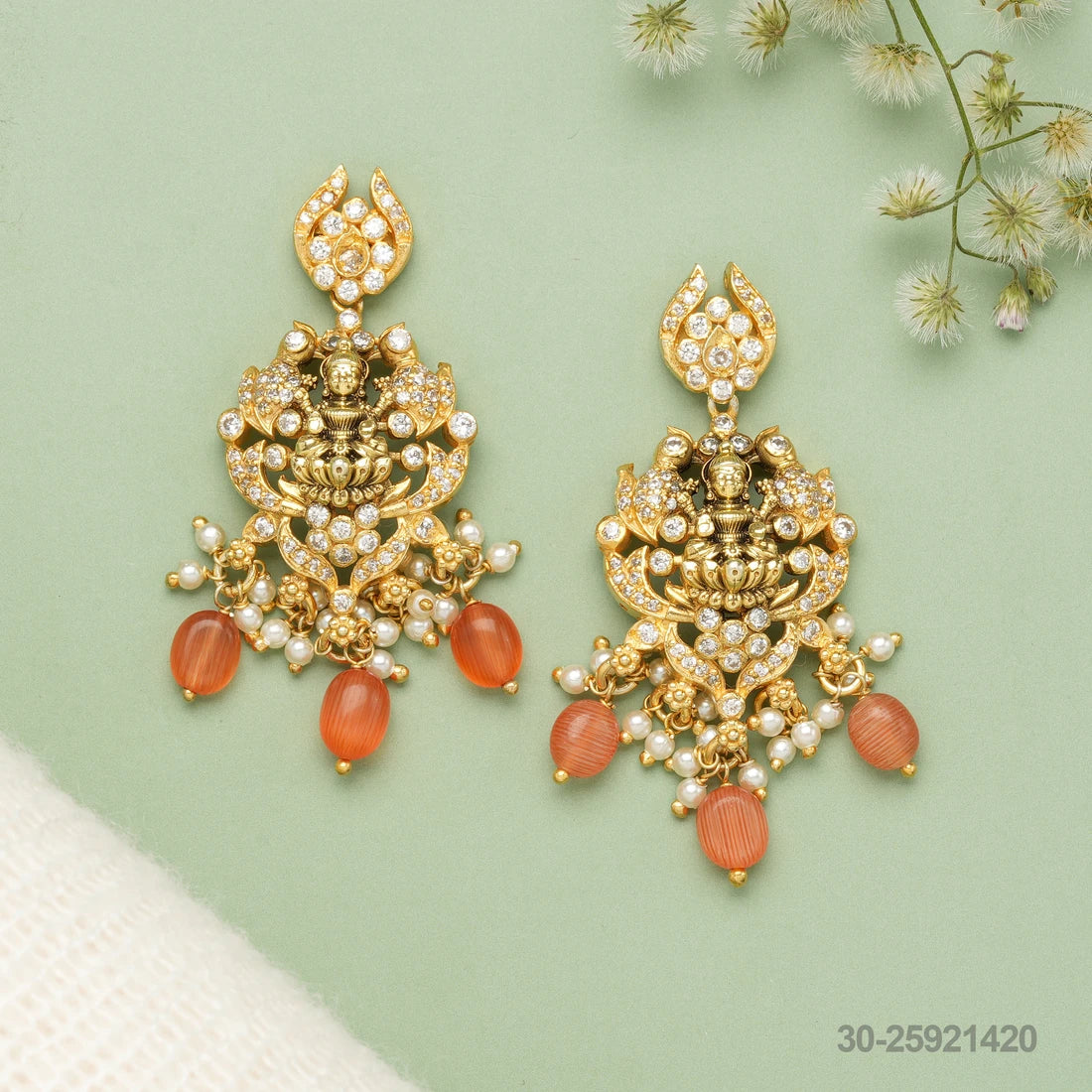 VEDA NAKSHI LAKSHMI DESIGN EAR HANGINGS WITH PEARLS AND ORANGE BEADS