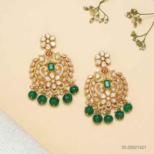 SONAM MOISSANITE FLORAL DESIGN EAR HANGINGS WITH EMERALDS AND PEARLS