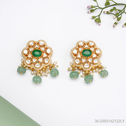 AVINASHI MOISSANITE FLORAL DESIGN EAR STUDS WITH EMERALDS AND PEARLS