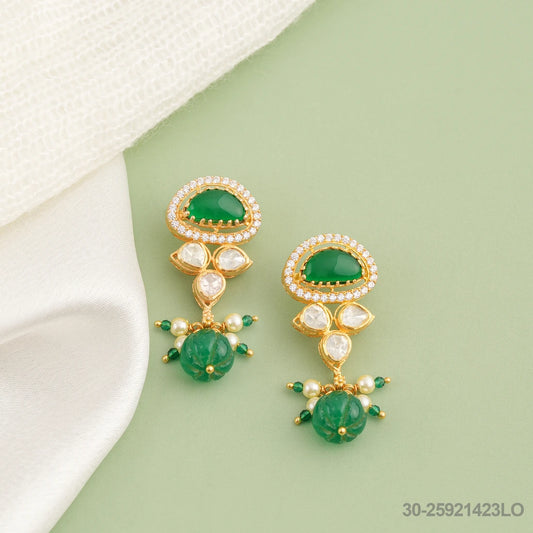 ILEESHA MOISSANITE LEAF DESIGN EAR STUDS WITH EMERALDS AND PEARLS