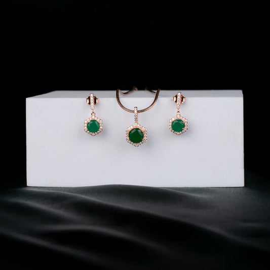 ROSE GOLD PLATED EMERALD GREEN AD NECKLACE SET WITH HEXAGON EARRINGS