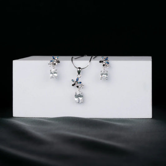 DRAGONFLY AND STONE SILVER PLATED NECKLACE SET WITH DROP EARRINGS
