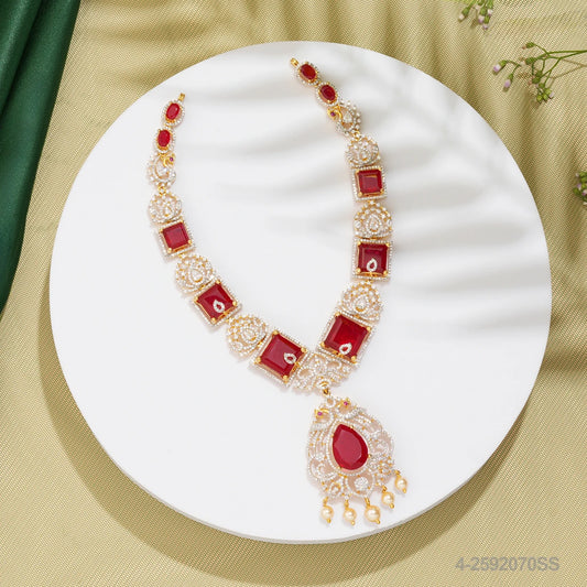 KRIYA CZ PEACOCK DESIGN NECKLACE WITH RUBIES AND PEARLS