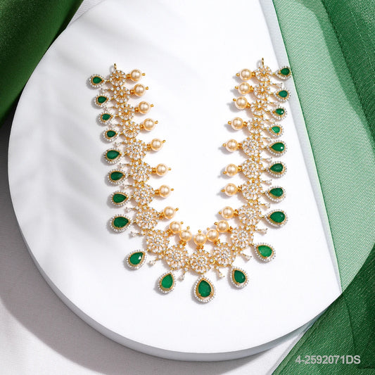 ELSA CZ FLORAL DESIGN NECKLACE WITH EMERALD AND PEARLS