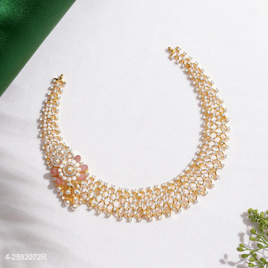 KUSHALI CZ FLORAL DESIGN NECKLACE WITH PEARLS AND PINK RUSSIAN BEADS