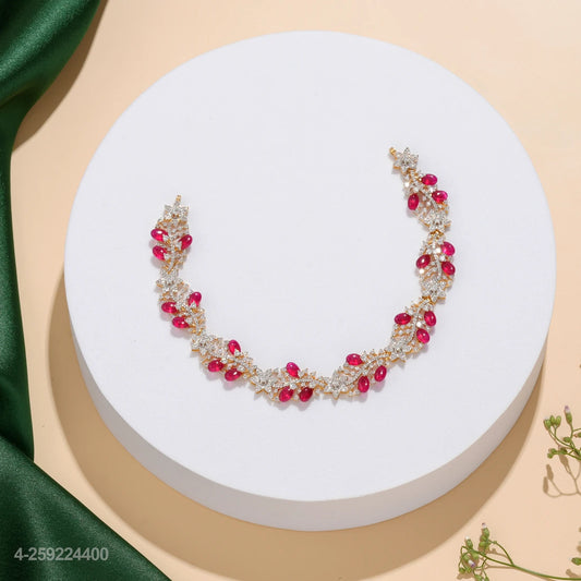 CATHERINE CZ FLORAL DESIGN NECKLACE WITH RED RUSSIAN BEADS