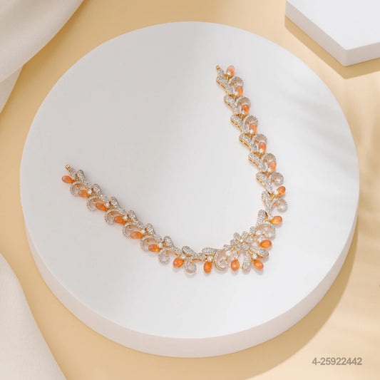 HANISHA CZ LEAF DESIGN NECKLACE WITH ORANGE RUSSIAN BEADS