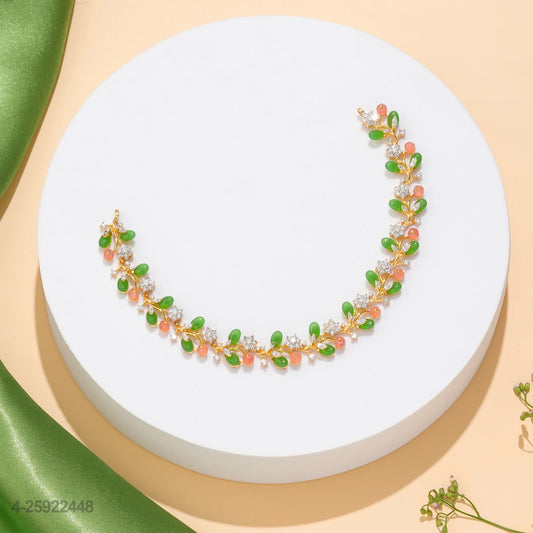 DAISY CZ FLORAL DESIGN NECKLACE WITH GREEN ORANGE RUSSIAN BEADS