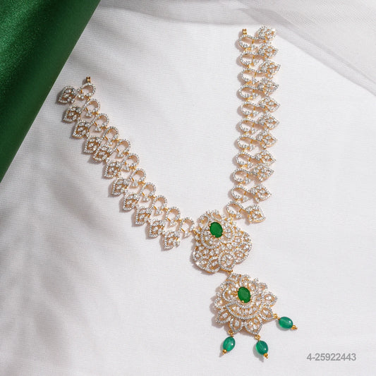 MAYA CZ FLORAL DESIGN NECKLACE WITH EMERALDS AND BEADS