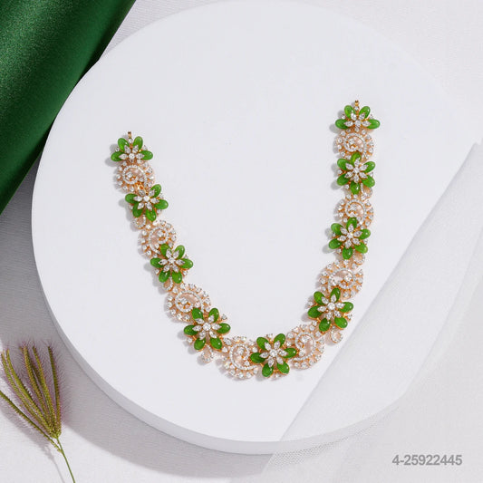 BHUVI CZ FLORAL DESIGN NECKLACE WITH GREEN RUSSIAN BEADS