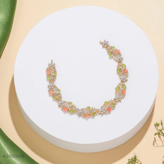 SRAVYA CZ FLORAL DESIGN NECKLACE WITH ORANGE AND GREEN RUSSIAN BEADS