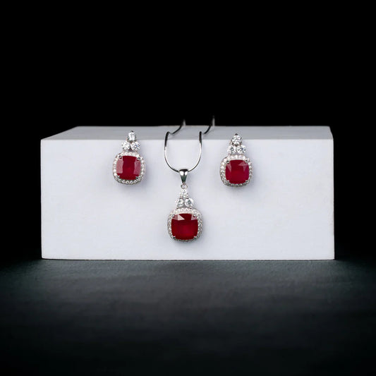RUBY RED STONE AMERICAN DIAMOND NECKLACE SET WITH DROP EARRINGS