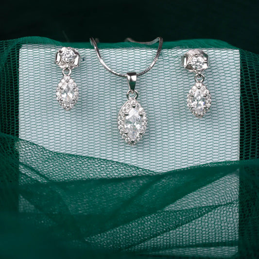 MARQUISE CUT AMERICAN DIAMOND SILVER PLATED NECKLACE SET