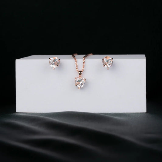 ROSE GOLD PLATED HEART AMERICAN DIAMOND NECKLACE SET WITH STUDS