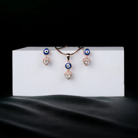 ROSE GOLD PLATED EVIL EYE HEART NECKLACE SET WITH EARRINGS