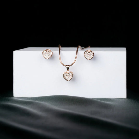 ROSE GOLD PLATED PAVE AMERICAN DIAMOND HEART NECKLACE SET
