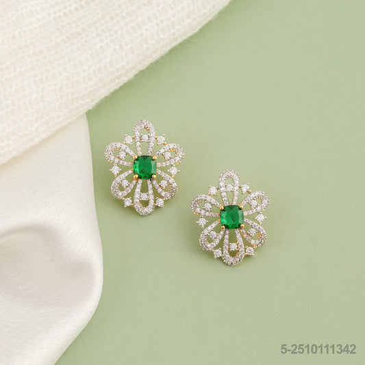 CHANDRA CZ FLORAL DESIGN EAR STUDS WITH EMERALD