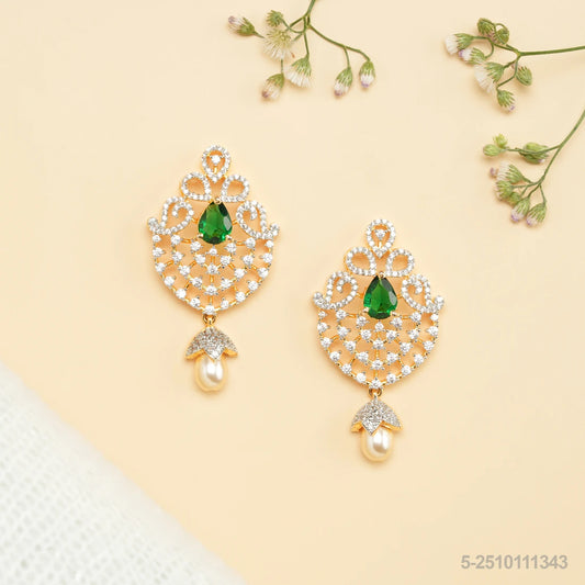 SITARA CZ DROP DESIGN EAR STUDS WITH EMERALDS AND PEARLS