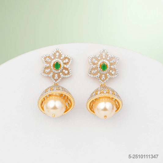 SHIFA CZ FLORAL DESIGN EAR JUMKIS WITH EMERALDS AND PEARLS