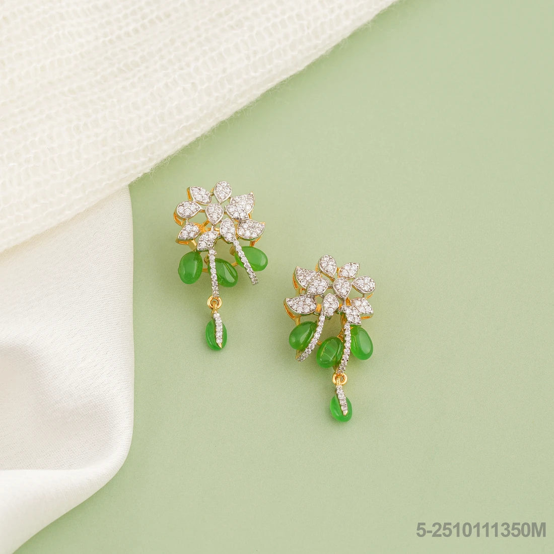 UMA CZ FLORAL DESIGN EAR STUDS WITH GREEN RUSSIAN BEADS