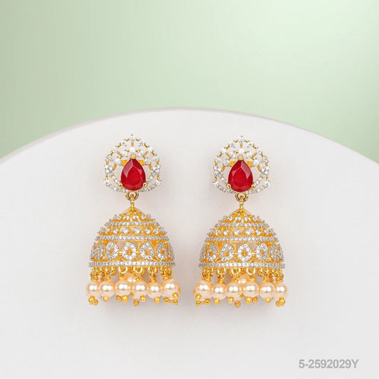 KOMALI CZ DROP DESIGN EAR JUMKIS WITH RUBIES