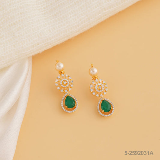 PRIYA CZ FLORAL DESIGN EAR STUDS WITH EMERALDS AND PEARLS