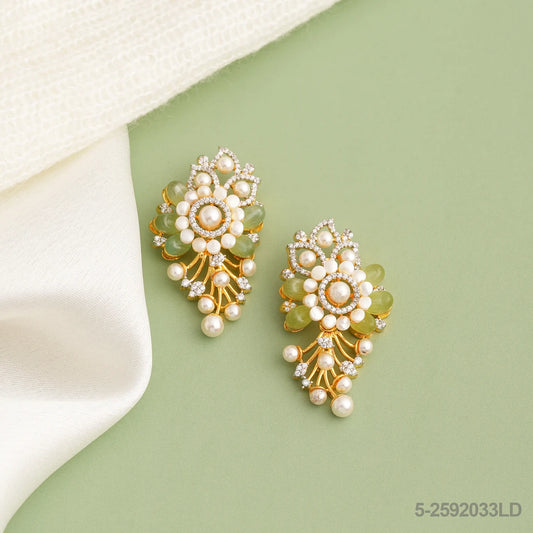 REVATI CZ FLORAL DESIGN EAR STUDS WITH GREEN RUSSIAN BEADS AND PEARLS