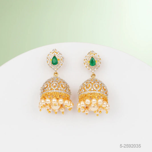 RENUKA CZ DROP DESIGN EAR JUMKIS WITH EMERALDS