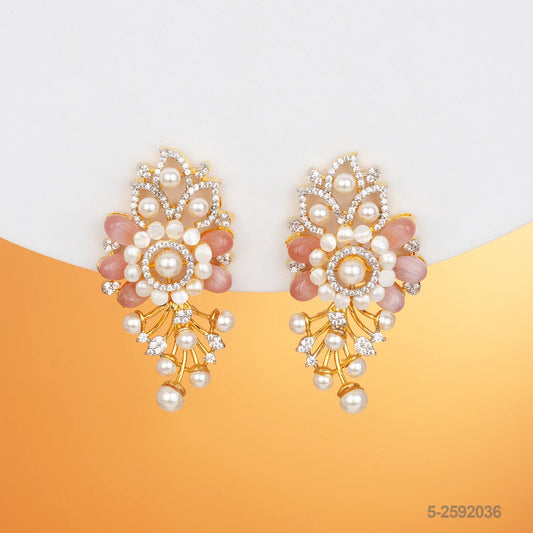 DEEPIKA CZ FLORAL DESIGN EAR STUDS WITH PINK RUSSIAN BEADS AND PEARLS