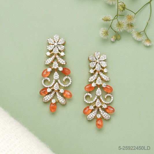 VARNIKA CZ FLORAL DESIGN EAR STUDS WITH ORANGE RUSSIAN BEADS