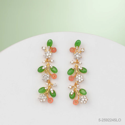 AKHILA CZ FLORAL DESIGN EAR STUDS WITH GREEN AND ORANGE RUSSIAN BEADS