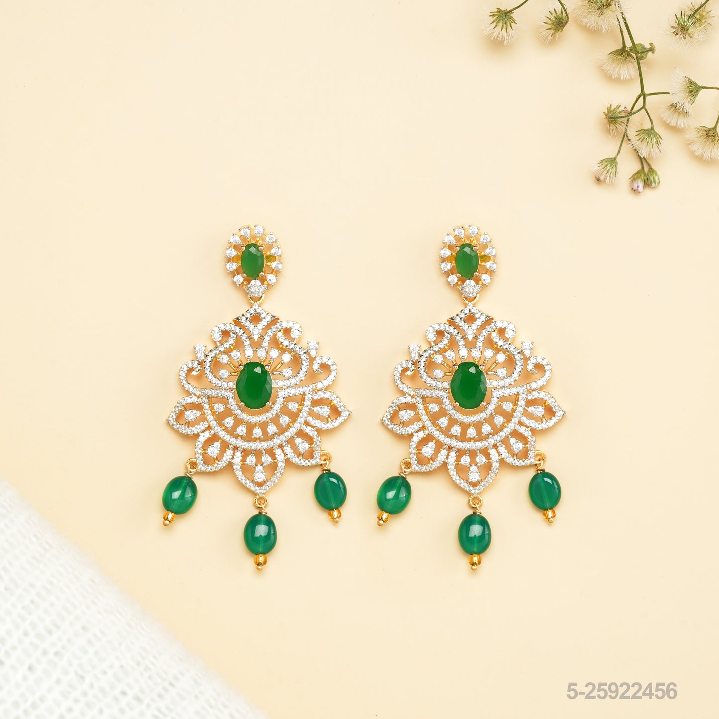SHARMILA CZ FLORAL DESIGN EAR HANGINGS WITH EMERALDS AND BEADS