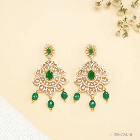 SHARMILA CZ FLORAL DESIGN EAR HANGINGS WITH EMERALDS AND BEADS