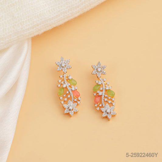 SHWETA CZ FLORAL DESIGN EAR HANGINGS WITH GREEN AND ORANGE RUSSIAN BEADS