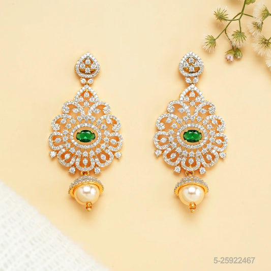 ARPITA CZ FLORAL DESIGN EAR HANGINGS WITH EMERALDS AND PEARLS