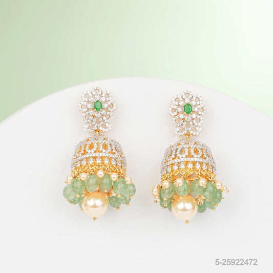 LOKSHITA CZ FLORAL DESIGN EAR JUMKIS WITH EMERALDS AND PEARLS