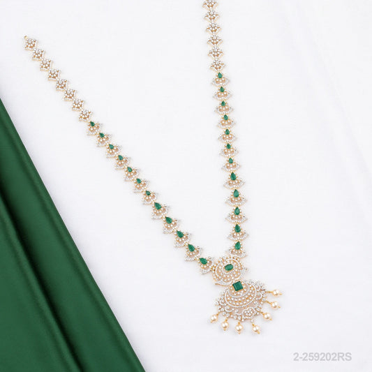 PRANAYA CZ FLORAL DESIGN LONG NECKLACE WITH EMERALDS AND PEARLS