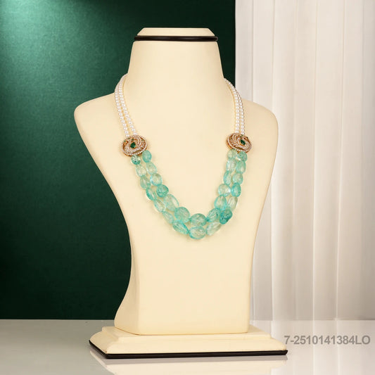 DIVI VICTORIAN PEACOCK DESIGN PENDANTS WITH AQUAMARINE BEADS AND PEARLS MALA OR CHAIN