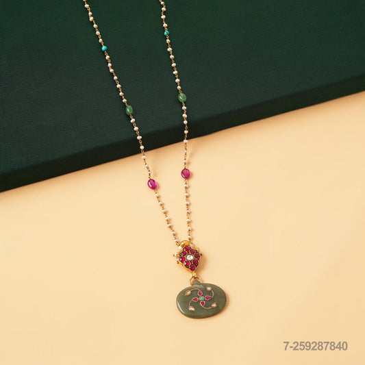 LASYA KUNDAN FLORAL DESIGN GREEN JADE PEARL MALA OR CHAIN