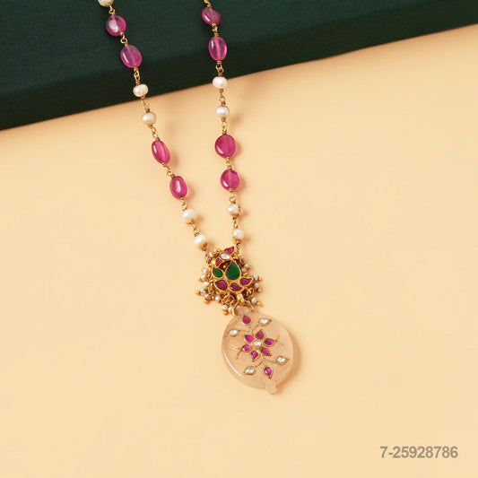 RADHIKA KUNDAN FLORAL DESIGN WHITE JADE PEARL AND RUBY MALA