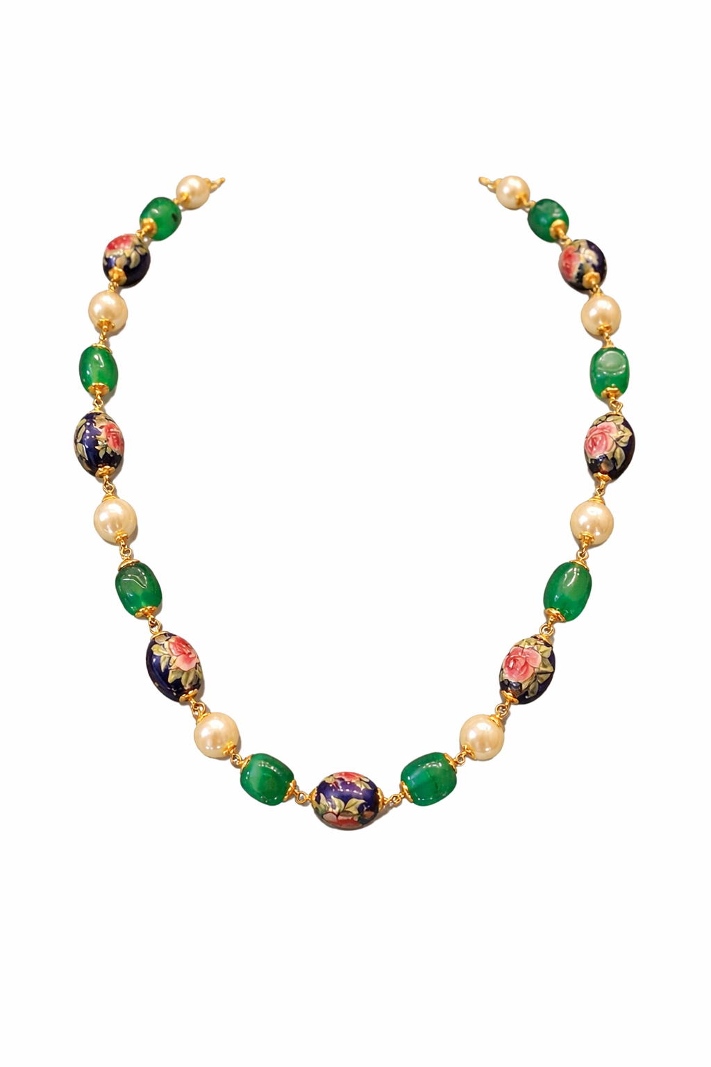 FLORAL DESIGN ENAMELLED GOLD PLATED SILVER BEADS MALA