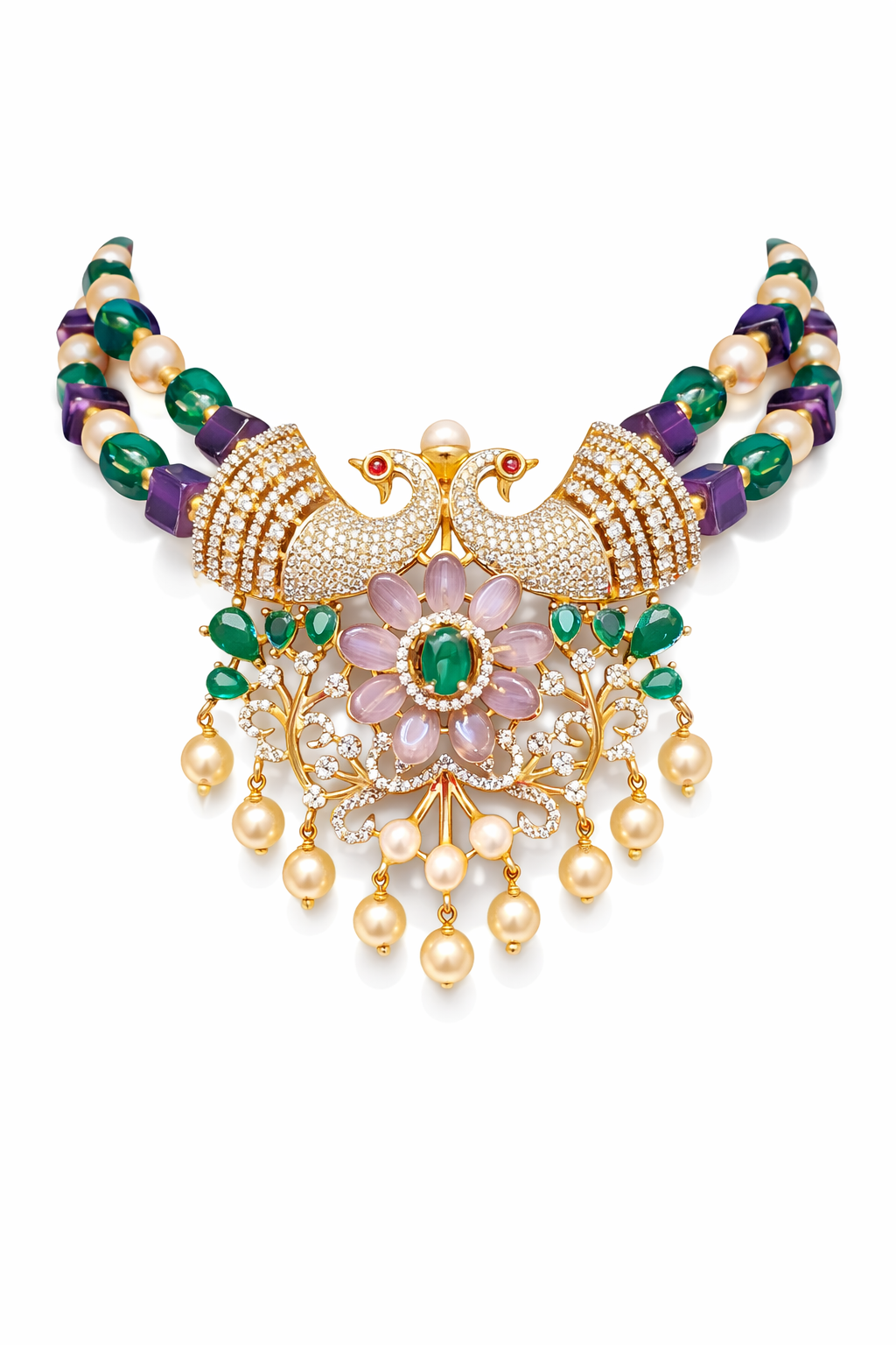 PEACOCK BLISS GOLD PLATED SILVER CHOKER NECKLACE