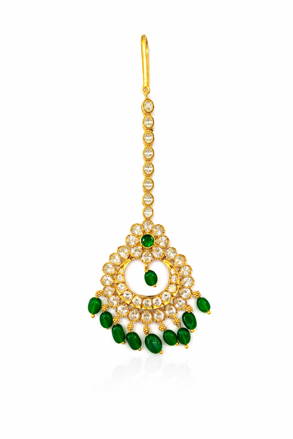 CHAANDBALI DESIGN GOLD PLATED EMERALD, SILVER MAANGTIKA/ PAPIDI CHAIN/ HEAD ORNAMENT