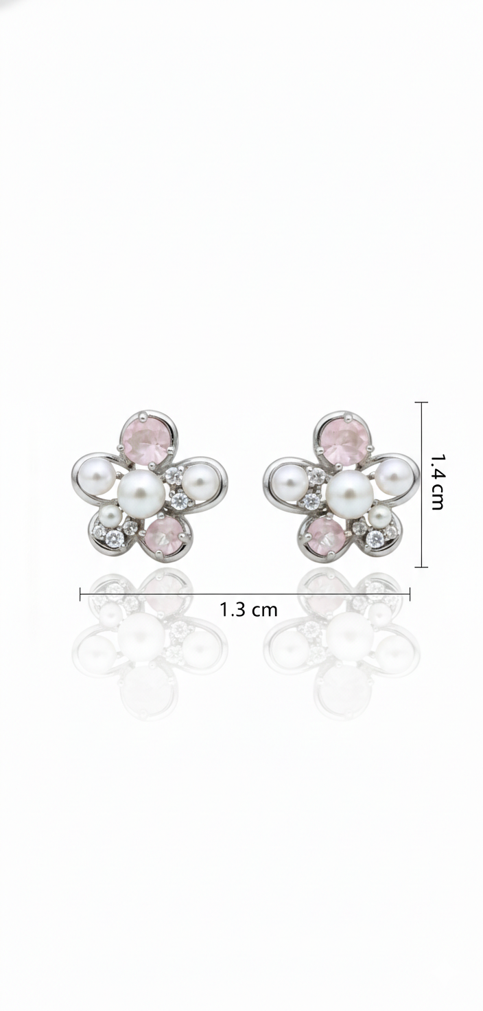 SWEET PEARL FLOWER SHAPED SILVER EARRINGS WITH PINK ACCENTS